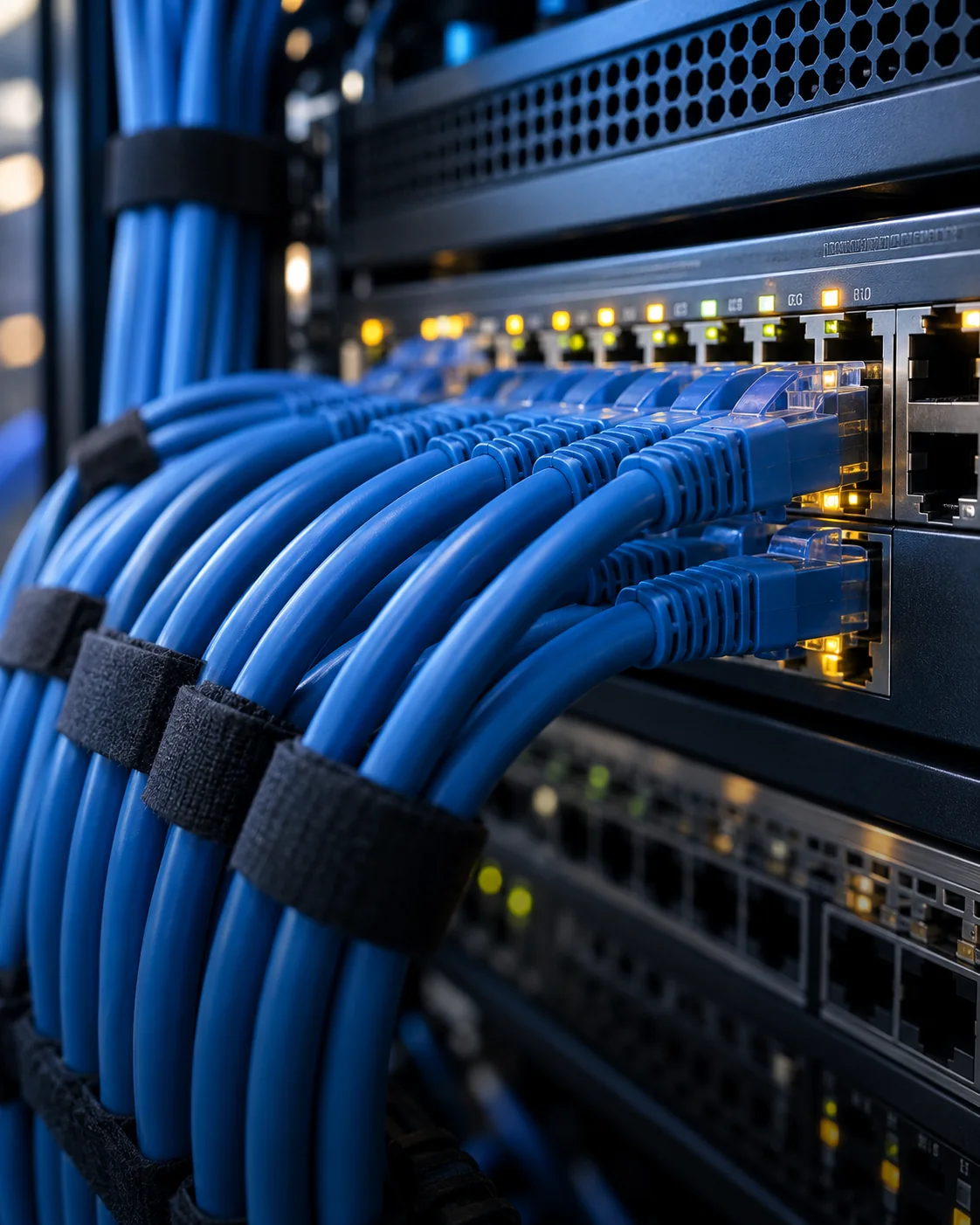 Organized Ethernet cables connected to network switches