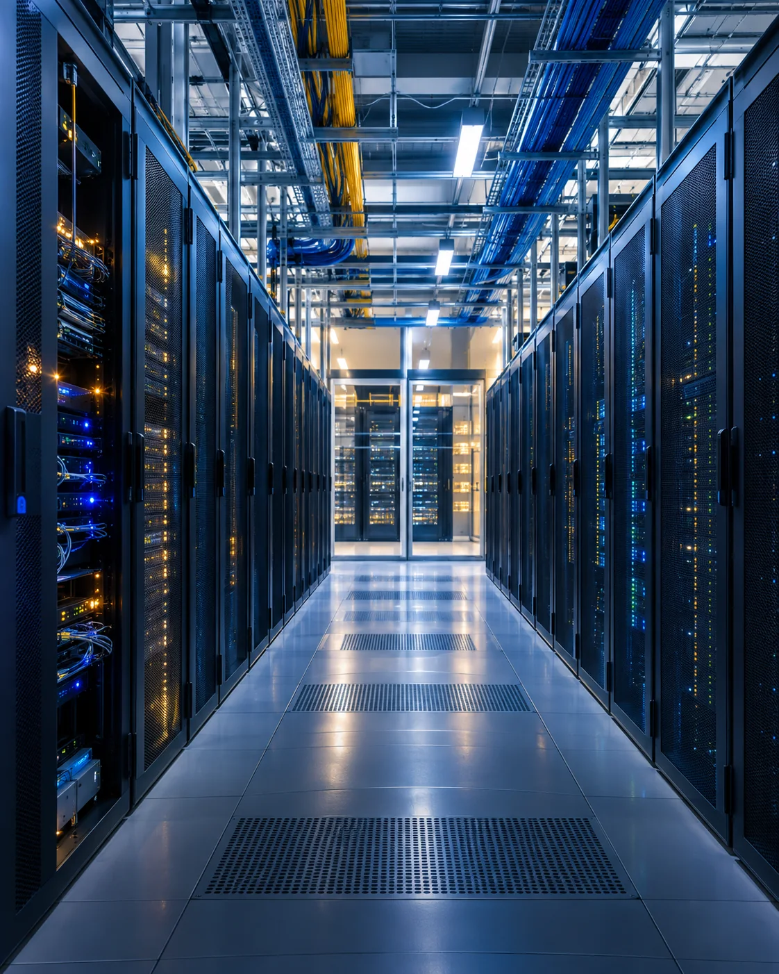 Cloud data center with rows of server cabinets